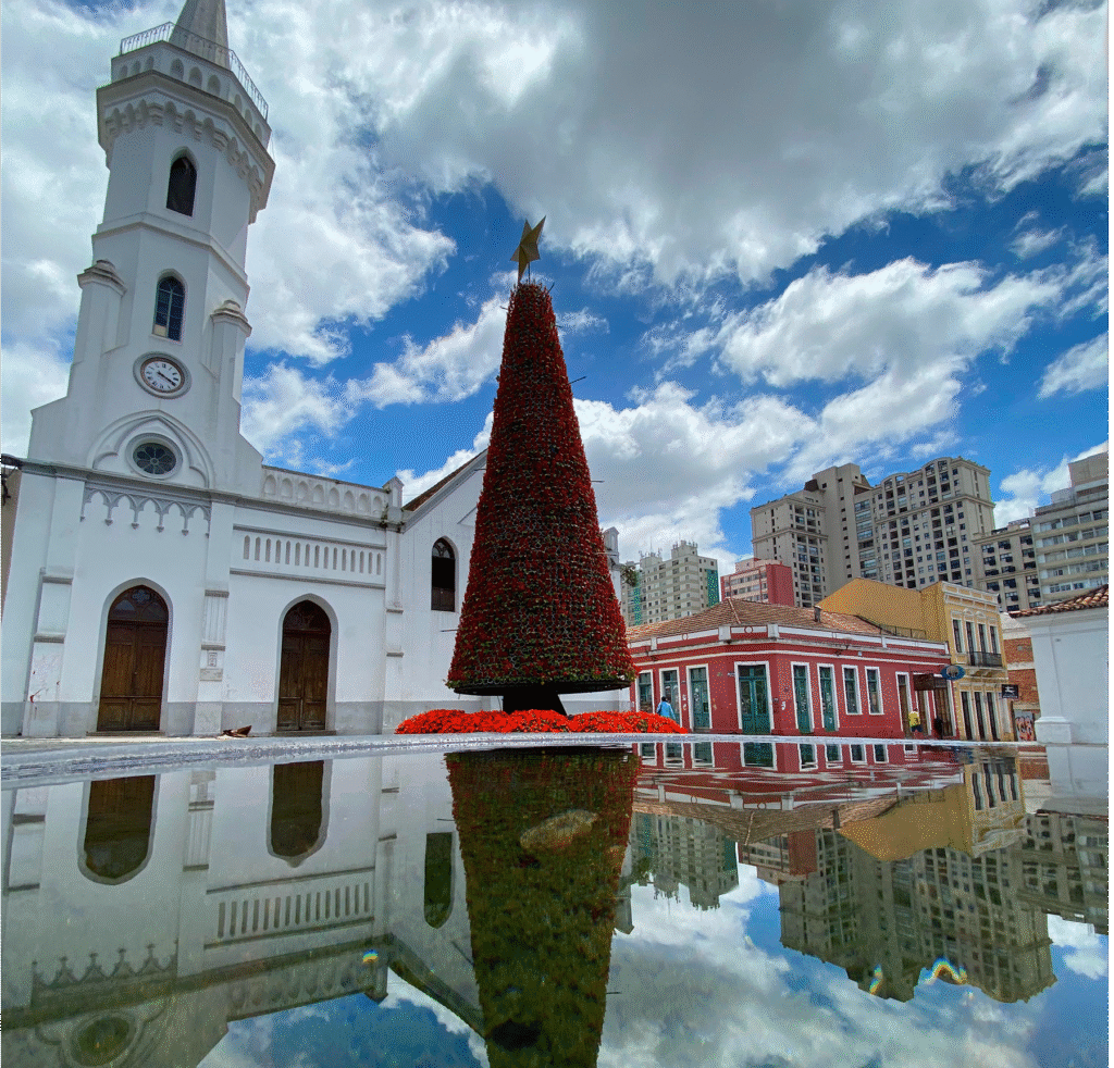 árvore de natal no centro histórico de Curitiba com igreja ao fundo